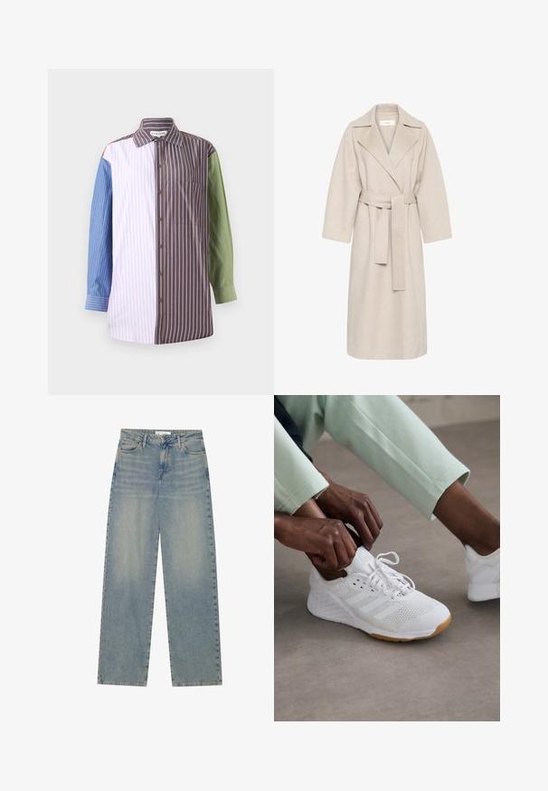 Beige uldblandakot med en klippet krave, bælte i taljen og brede ærmer. Har et rent design og mellemlangt skjorte. Tekstureret overflade.; Stribet skjorte med knaplukning, der har sektioner i blå, lyserød, brun og grøn. Indeholder en brystlomme og krave.; Lyseblå højtaljede lige ben jeans i denim med forlommer, bæltestropper og synlig knap- og lynlåslukning.; Hvid sportssko med en overdeles i mesh, gummisål og design med tre striber. Snørebåndene justeres; let grå og mintgrønne klæder synlige.