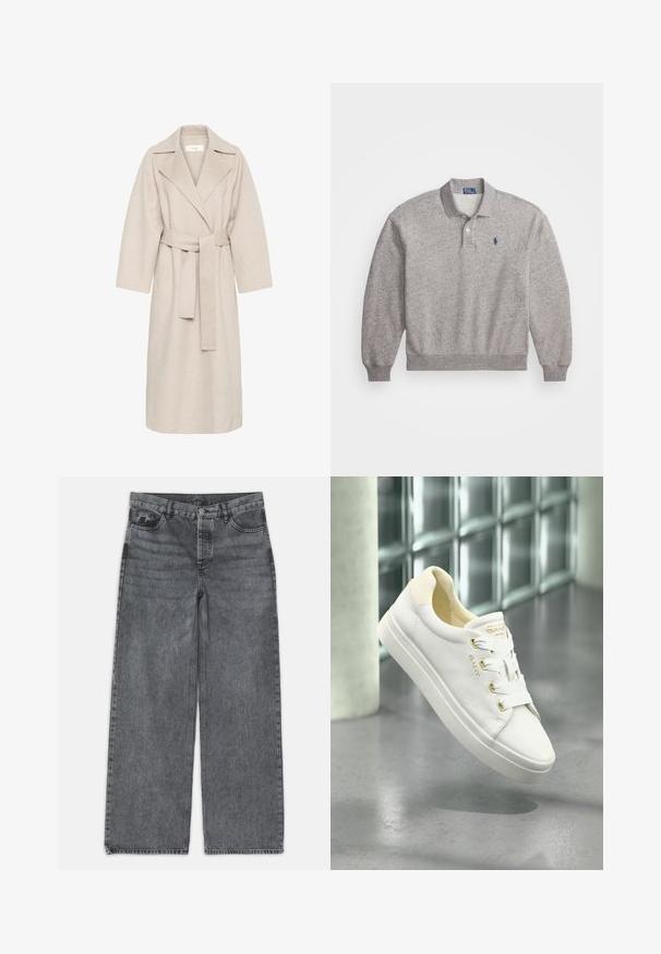 Beige uldblandakot med en klippet krave, bælte i taljen og brede ærmer. Har et rent design og mellemlangt skjorte. Tekstureret overflade.; Grå polo sweater lavet af en bomuldsblanding, med lange ærmer, krave, placket med to knapper og et lille logo broderet på brystet.; Bredde ben jeans i mørkegrå denim. Har høj talje, fem lomme design og forneden knaplukning. Glat tekstur med subtil fading.; Hvide lædersneakers med en glat tekstur, rund tå og flad sål. Udstyret med guld-accenter og hvide snørebånd for sikker lukning.