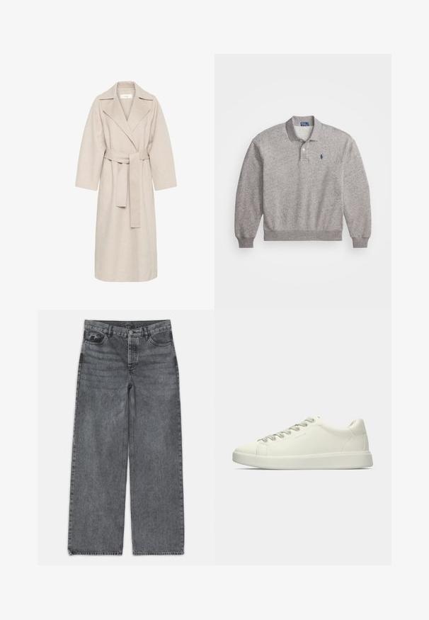 Abrigo de mezcla de lana beige con cuello de muesca, cintura ceñida y mangas anchas. Presenta un diseño limpio y un dobladillo de longitud media. Superficie texturizada.; Suéter de polo gris hecho de una mezcla de algodón, con mangas largas, cuello, tapeta de dos botones y un pequeño logo bordado en el pecho.; Jeans de pierna ancha en denim gris oscuro. Presentan una cintura alta, diseño de cinco bolsillos y cierre delantero de botón. Textura suave con un sutil desgastado.; Zapatilla de cuero blanca de corte bajo con cierre de cordones y suela de goma plana, mostrada de lado sobre un fondo simple.