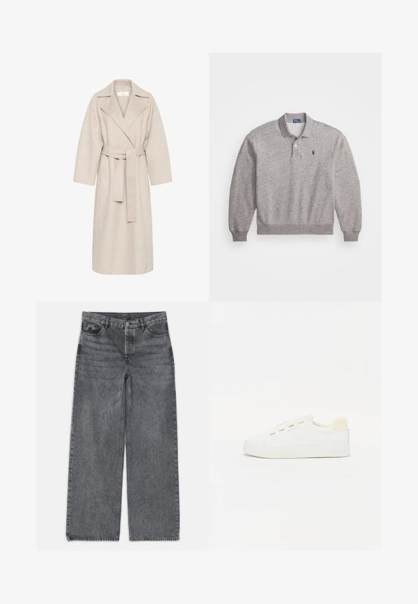 Beige wool blend coat with a notched collar, belted waist, and wide sleeves. Features a clean design and mid-length hem. Textured surface.; Gray polo sweater made from cotton blend, featuring long sleeves, a collar, two-button placket, and a small logo embroidered on the chest.; Wide-leg jeans in dark gray denim. Features a high waist, five-pocket design, and front button closure. Smooth texture with subtle fading.; White sneaker with a canvas upper, round toe, and flat rubber sole. Features gold eyelets and a light beige heel accent.