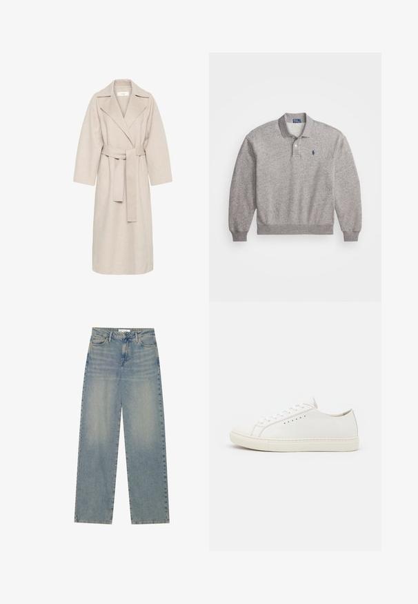 Abrigo de mezcla de lana beige con cuello de muesca, cintura ceñida y mangas anchas. Presenta un diseño limpio y un dobladillo de longitud media. Superficie texturizada.; Suéter de polo gris hecho de una mezcla de algodón, con mangas largas, cuello, tapeta de dos botones y un pequeño logo bordado en el pecho.; Vaqueros de mezclilla de pierna recta de tiro alto en azul claro, con bolsillos frontales, trabillas para el cinturón y cierre de botón y cremallera visible.; Zapatillas de cuero blanco con una textura suave, puntera redonda, ojales mínimos y una suela de goma plana. Diseño simple sin acentos adicionales.