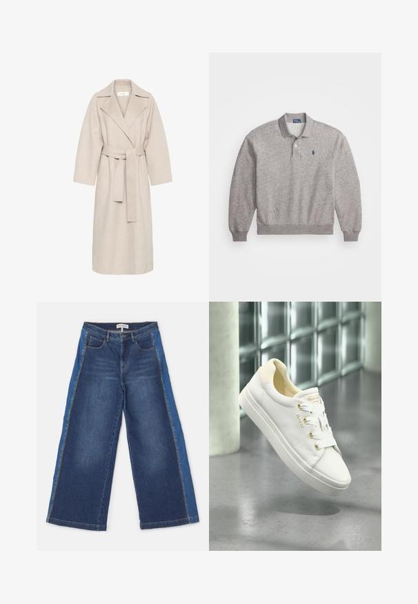 Beige ullblandad kappa med notched krage, bälte i midjan och vida ärmar. Har en ren design och medellång nederkant. Texturerad yta.; Grå polo-sweater gjord av en bomullsblandning, med lång ärm, krage, placket med två knappar och en liten broderad logotyp på bröstet.; Vida jeans i medel- och ljusblå denim med kontrasterande paneler. Har fem fickor, dragkedja fram och en sydd fåll.; Vita läderskor med en slät yta, rund tå och platt sula. Har guld accenter och vita snören för säker fastsättning.
