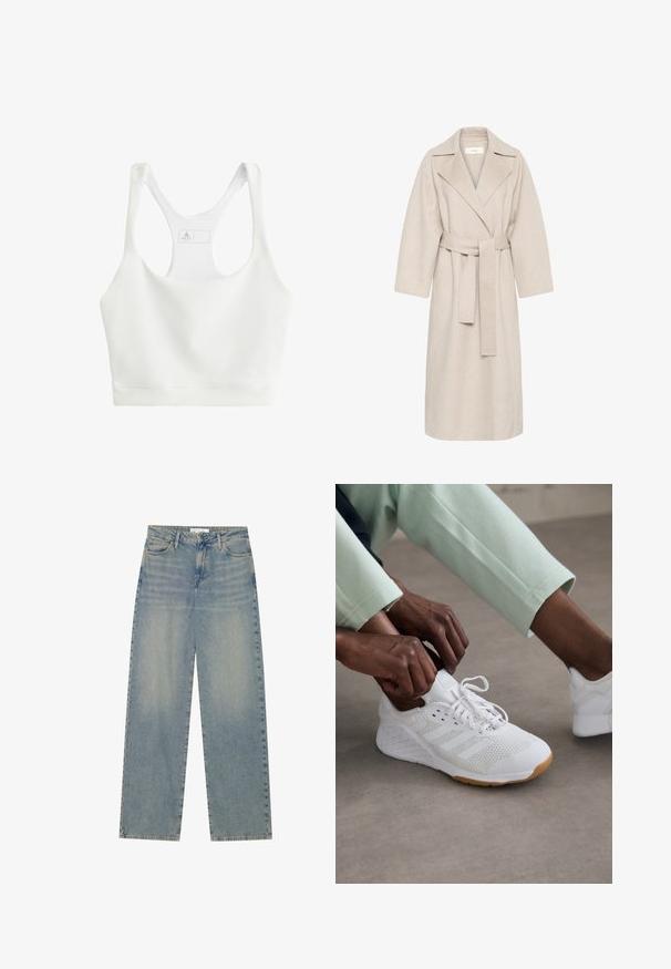 Beige uldblandakot med en klippet krave, bælte i taljen og brede ærmer. Har et rent design og mellemlangt skjorte. Tekstureret overflade.; Hvid ribbet sportsbh med scoop-udskæring, brede stropper og en tætsiddende pasform. Har brandlabel indvendigt på bagsiden.; Lyseblå højtaljede lige ben jeans i denim med forlommer, bæltestropper og synlig knap- og lynlåslukning.; Hvid sportssko med en overdeles i mesh, gummisål og design med tre striber. Snørebåndene justeres; let grå og mintgrønne klæder synlige.