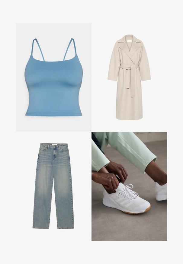 Beige wollen mengstof jas met een gekarteld kraag, een ceintuur in de taille en brede mouwen. Heeft een strak design en een middellange zoom. Gestructureerd oppervlak.; Blauwe fitted camisole met dunne bandjes, gemaakt van gladde rekbare stof. Eenvoudig ontwerp met een rechte zoom en geen extra details.; Lichtblauwe high-waist spijkerbroek met rechte pijpen, voorzakken, riemlussen en zichtbare knoop- en ritssluiting.; Witte sportieve schoen met een mesh bovenkant, rubberen zool en een design met drie strepen. Veters worden versteld; lichtgrijze en mintgroene kleding zichtbaar.
