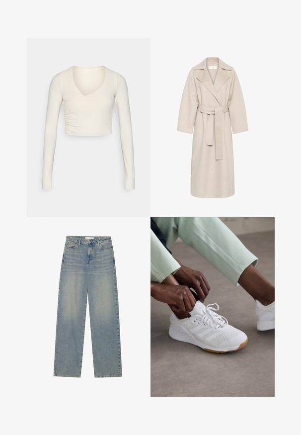 Palton bej dintr-un amestec de lână, cu guler tăiat, talie accentuată prin curea și mâneci largi. Are un design curat și o lungime medie. Suprafață texturată.; Crop top cu mânecă lungă, de culoare crem, cu decolteu în V și detalii pliate pe laterale, realizat dintr-un material elastic pentru un aspect ajustat.; Jeans din denim de culoare albastru deschis, cu talie înaltă și croială dreaptă, cu buzunare frontale, bucle pentru curea și închidere vizibilă cu nasture și fermoar.; Pantofii sport albi, cu un superior din plasă, talpă din cauciuc și un design cu trei dungi. Șireturile sunt ajustate; hainele de culoare gri deschis și verde mentă sunt vizibile.