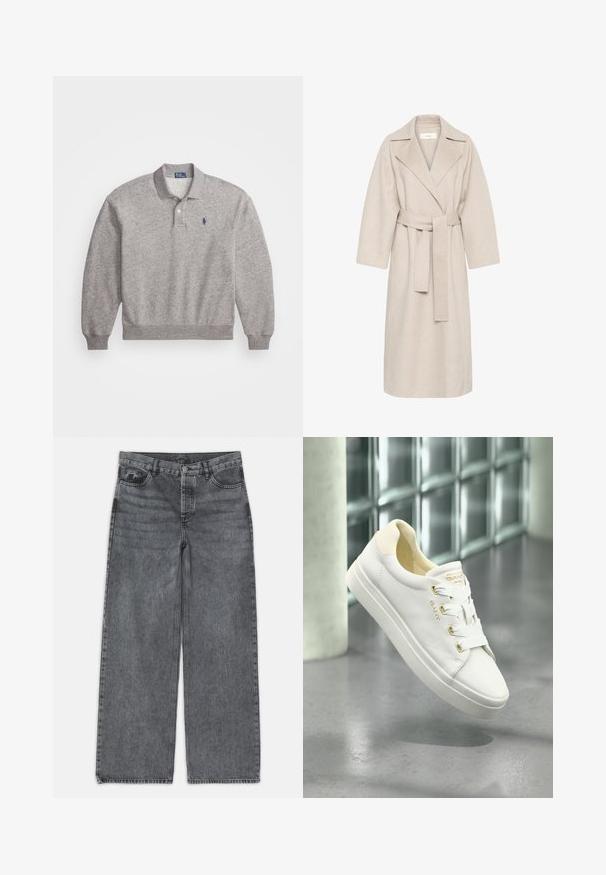 Beige kabát z vlněné směsi s klopovým límcem, opaskem v pase a širokými rukávy. Vyznačuje se čistým designem a středně dlouhým lemem. Texturovaný povrch.; Šedý polo svetr vyrobený z bavlněné směsi, s dlouhými rukávy, límečkem, dvou knoflíky na zapínání a malým logem vyšitým na hrudi.; Kalhoty s širokými nohavicemi v tmavě šedém denimovém materiálu. Vyznačují se vysokým pasem, pěti kapsami a předním zapínáním na knoflík. Hladká textura s jemným vyblednutím.; Bílé kožené tenisky s hladkým povrchem, kulatou špičkou a plochou podrážkou. Mají zlaté akcenty a bílé tkaničky pro bezpečné zapínání.
