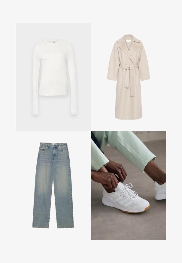 Beige wool blend coat with a notched collar, belted waist, and wide sleeves. Features a clean design and mid-length hem. Textured surface.; White long-sleeve t-shirt made of soft cotton. Features a round neckline, fitted silhouette, and smooth texture. No patterns or accents.; Light blue high-waist straight-leg denim jeans with front pockets, belt loops, and visible button and zipper closure.; White athletic shoe with a mesh upper, rubber sole, and three stripe design. Laces are being adjusted; light gray and mint green clothing visible.