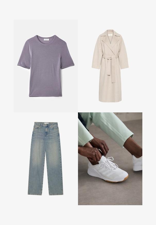 Beige ullblandad kappa med notched krage, bälte i midjan och vida ärmar. Har en ren design och medellång nederkant. Texturerad yta.; Lila kortärmad t-shirt i mjuk kvalitet, med rund hals och rak fåll, med en slät textur och inga synliga mönster.; Ljusblå högmidjade raka denimjeans med framfickor, bälteshällor samt synlig knapp- och dragkedjeslutning.; Vit sportskor med ovandel i mesh, gummisula och tre-radigt mönster. Skosnören justeras; ljusgrå och mintgrön klädsel synlig.