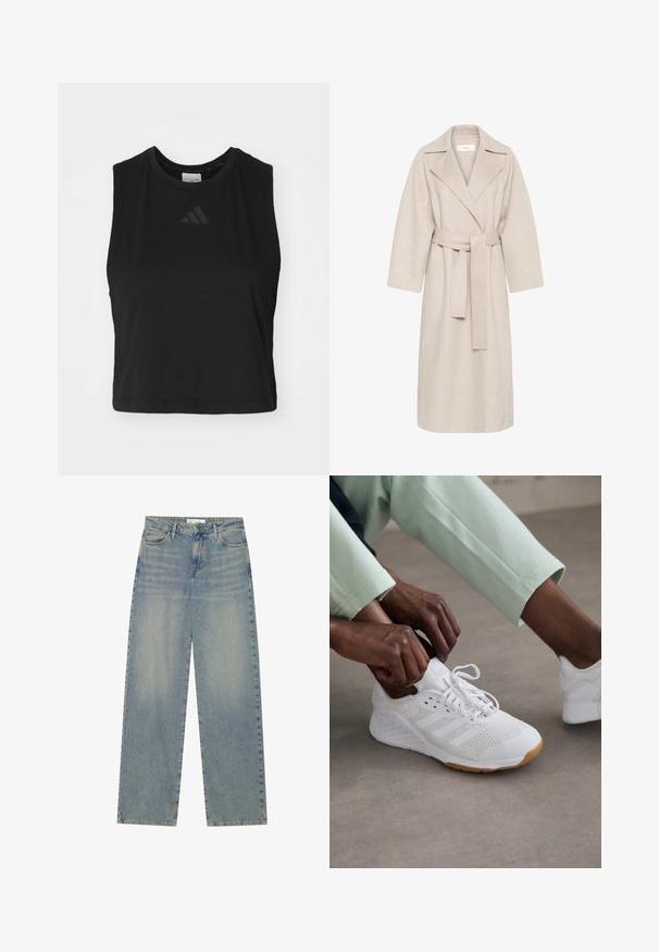 Beige villasegust coat, millel on sälgkurg, vöökohaga ja laiad varrukad. Omab puhtat disaini ja keskmise pikkusega äärt. Tekstuuritud pind.; Musta lühike ilma varrukateta topp, mis on valmistatud pehmest kangast, ümmarguse kaeluse ja rindkere kohal diskreetse reljeefse logoga.; Heledad sinine kõrge vöökoht ja sirged sääred denim teksad, millel on esikotid, vööloopid ja nähtav nupuga ja lukuga suletav osa.; Valge sportlik king, millel on võrgust ülemine osa, kummine vähk ja kolmerealine disain. Loodud on paelte reguleerimist; nähtavad heledashall ja piparmündiroheline riietus.