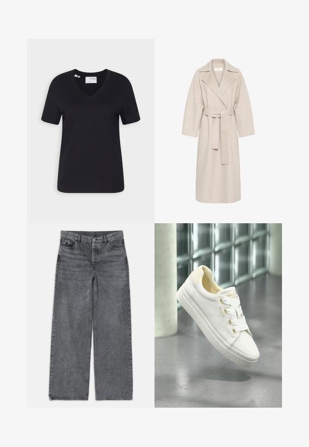 Abrigo de mezcla de lana beige con cuello de muesca, cintura ceñida y mangas anchas. Presenta un diseño limpio y un dobladillo de longitud media. Superficie texturizada.; Camiseta de algodón negra con escote en V, mangas cortas y un corte relajado. Textura suave y dobladillo limpio sin adornos.; Jeans de pierna ancha en denim gris oscuro. Presentan una cintura alta, diseño de cinco bolsillos y cierre delantero de botón. Textura suave con un sutil desgastado.; Zapatillas de cuero blancas con una textura suave, punta redonda y suela plana. Presentan detalles en dorado y cordones blancos para un ajuste seguro.