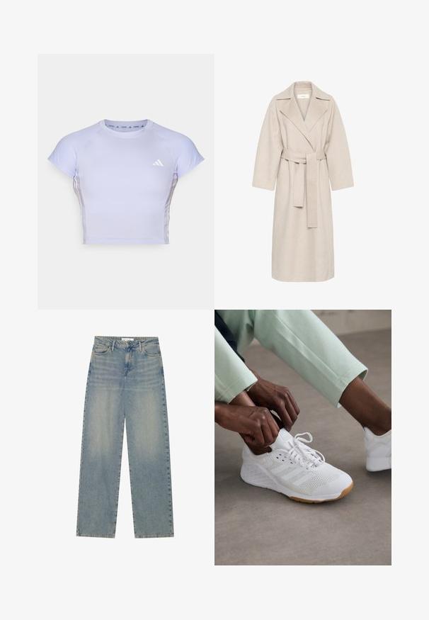 Beige gyapjú keverék kabát, kitüntetett gallérral, övvel ellátott derékkal és széles ujjakkal. Tiszta dizájn és közepes hosszúságú szegély jellemzi. Texturált felület.; Világoslila, rövid ujjú sportpóló, keskeny szabású, bordázott részletekkel, kis fehér logóval a mellkason. Simább, rugalmas anyag.; Világoskék, magas derekú, egyenes szárú denim farmernadrág elülső zsebekkel, övhurkokkal, valamint látható gomb- és cipzárzárral.; Fehér sportcipő hálós felsőrésszel, gumitalppal és három csíkkal. A fűzők állítva vannak; világosszürke és mentazöld ruházat látható.