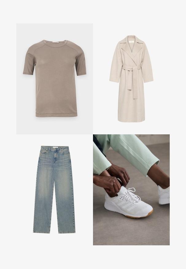 Beżowy płaszcz z mieszanki wełny z wyłogowym kołnierzem, paskiem w talii i szerokimi rękawami. Charakteryzuje się czystą bryłą i długością do połowy uda. Teksturowana powierzchnia.; Beżowy prążkowany t-shirt z krótkim rękawem i okrągłym dekoltem, z widocznym przeszyciem na rękawach i przy dekolcie, leżący płasko na białym tle.; Jasnoniebieskie dżinsy z wysokim stanem, prostymi nogawkami, przednimi kieszeniami, szlufkami na pasek oraz widocznym zapięciem na guzik i zamek błyskawiczny.; Białe buty sportowe z siateczkową cholewką, gumową podeszwą i wzorem w trzy paski. Sznurowadła są regulowane; widoczne jasnoszare i miętowe ubrania.