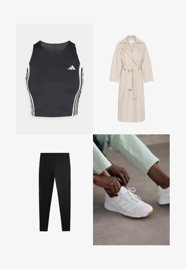 Bež kaput od vune s dodatkom, s rever-jakom, pojasom u struku i širokim rukavima. Ima čist dizajn i duljinu do sredine. Tekstura na površini.; Crna sportska kratka majica izrađena od rastezljivog materijala, s bijelim bočnim prugama i naglaskom na Adidas logo na lijevoj strani grudnog koša.; Crne tajice izrađene od glatkog, rastezljivog materijala. Imaju široki pojas i suženi kroj nogavica, pogodne za aktivno ili ležerno nošenje.; Bijela atletska cipela s mrežastim gornjim dijelom, gumenim potplatom i dizajnom s tri pruge. Lace se podešavaju; vidljiva su svijetlosiva i mint zelena odjeća.