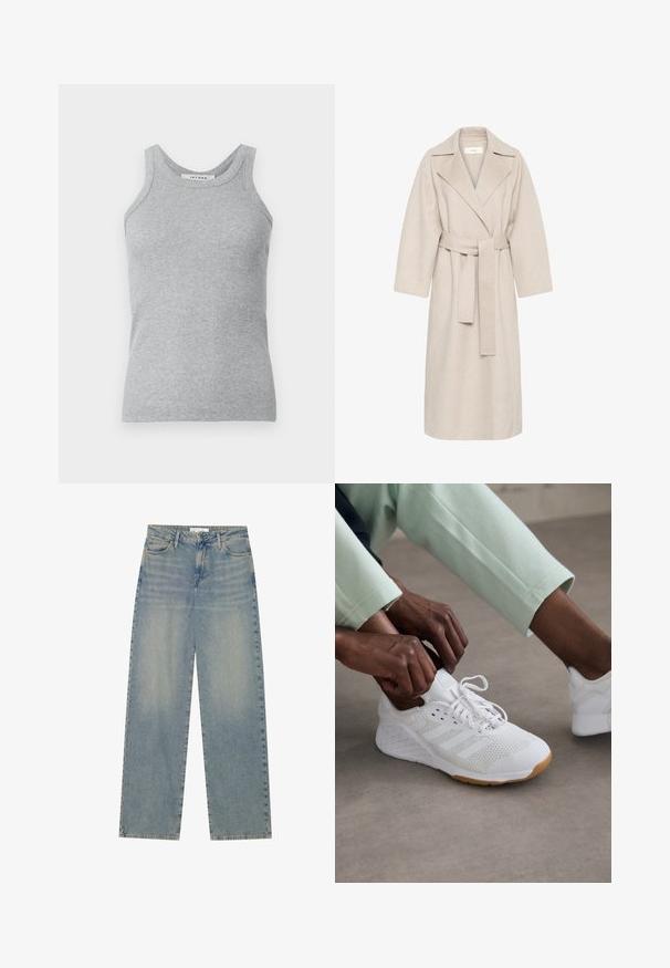 Bežový kabát z vlnenej zmesi s vykrojeným golierom, opaskom v páse a širokými rukávmi. Má jednoduchý dizajn a stredne dlhý lem. Textúrovaný povrch.; Sivá rebrovaná tielko s okrúhlym výstrihom a širokými ramienkami. Tkanina má jemnú textúru a priliehavý strih.; Svetlomodré džíny s vysokým pásom a rovnými nohavicami, s prednými vreckami, pútkami na opasok a viditeľným zapínaním na gombík a zips.; Biele športové topánky s hornou časťou z sieťoviny, gumovou podrážkou a dizajnom so tromi prúžkami. Šnúrky sa upravujú; viditeľné svetlošedé a mätovo zelené oblečenie.