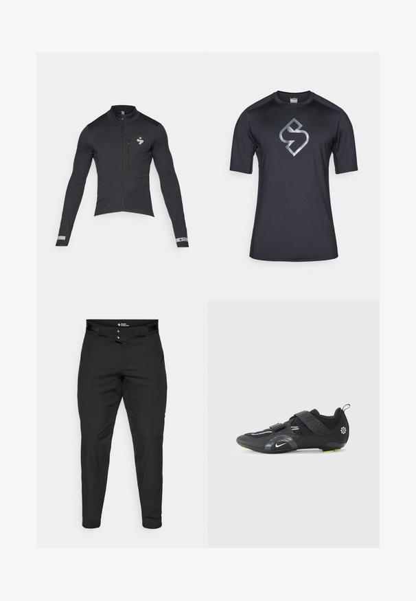 Veste de cyclisme noire à manches longues, avec fermeture éclair sur le devant et col haut ; présente un logo réfléchissant et des accents ; tissu lisse et extensible.; T-shirt de sport à manches courtes en noir avec un logo gris réfléchissant. Présente une texture lisse et un design moderne avec un col rond.; Pantalons noirs d'extérieur en matériau léger. Présentent un design ajusté, deux boutons à la taille et des poches avant. Texture lisse.; Chaussure de sport noire avec tige en mesh, deux sangles Velcro ajustables, accents réfléchissants et détails de semelle extérieure verte pour une adhérence optimale.