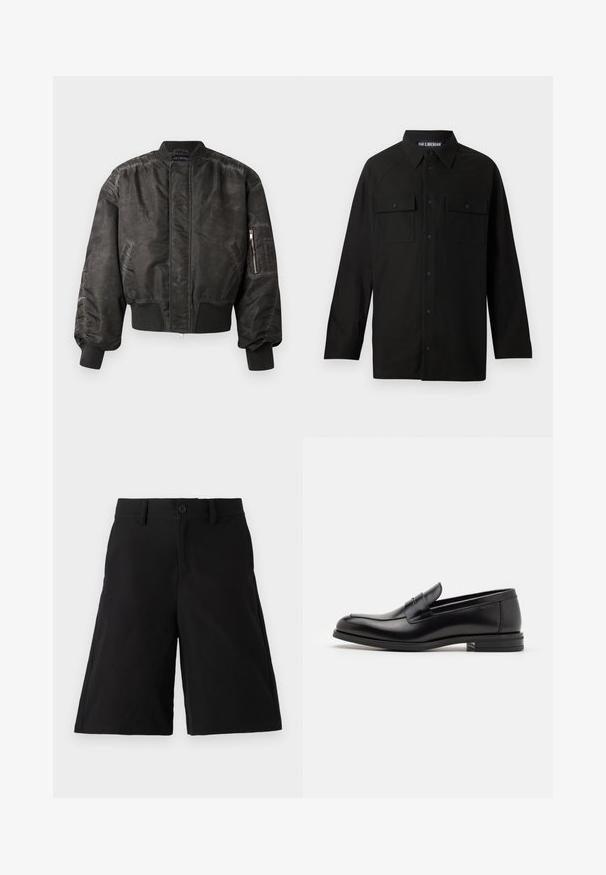 Mustakarva jope, millel on sile tekstuuriga viimistlus, soonikkoes mansetid ja äär, lukuga tasku varrukal ning minimalistlik disain.; Mustamüts, millel on krae, pikad varrukad, kaks rinna taskut klappidega ja sirge alläär. Valmistatud siledast kangast.; Mustad mustrid, mis on valmistatud puuvilla segu kangast, sirge lõikega, ees nupu sulgemisega, küljetaskutega ja sileda tekstuuriga.; Mustad mustad nahast loafers sileda tekstuuriga, ümarat ninaosa ja dekoratiivne riba vampi üle. Madal kihiline konts, minimalistlik disain.