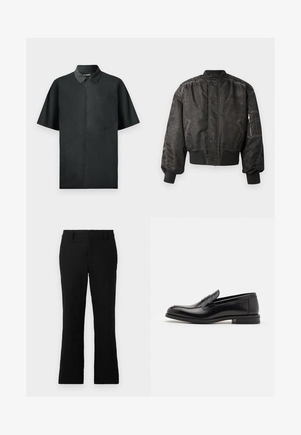 Melnā bomber jaka ar gludu, teksturētu apdari, ribinātām piedurknēm un apakšmalu, kabatu ar rāvējslēdzēju uz piedurknes un minimālistisku dizainu.; Īsām piedurknēm melna pogājama krekla, izgatavota no gludas auduma, ar vienu krūšu kabatu un smalku izšuvumu uz priekšpuses.; Melni plati bikses, izgatavotas no kokvilnas sajaukuma auduma, ar pogu aizdari, jostas cilpām un gludu tekstūru, bez redzamām rakstām.; Melnas ādas kurpes ar gludu tekstūru, noapaļu purngalu un dekoratīvu siksniņu pāri priekšpusei. Zems sakrauts papēdis, minimālisma dizains.
