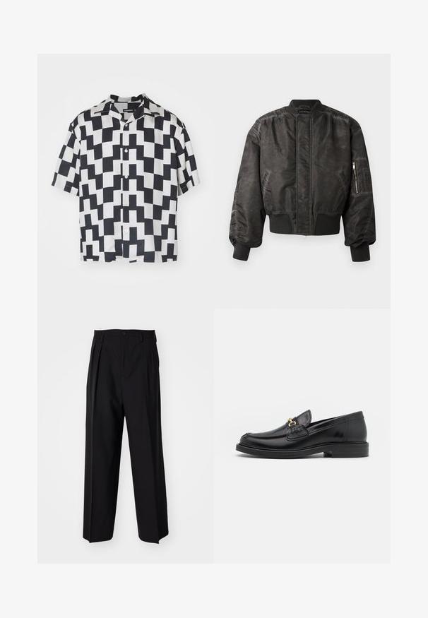 Veste bomber noire avec une finition lisse et texturée, des poignets et un ourlet côtelés, une poche zippée sur la manche et un design minimaliste.; Chemise à manches courtes avec un motif géométrique en noir et blanc, fabriquée dans un tissu lisse, dotée d'un col de style camp et d'une fermeture à boutons.; Pantalons plissés noirs avec un design droit et large. Fabriqués en tissu lisse, avec une fermeture à bouton et des passants de ceinture.; Mocassins en cuir noir avec un embout rond, présentant des accents en métal doré et des détails de couture, montés sur une semelle en caoutchouc texturé et basse.