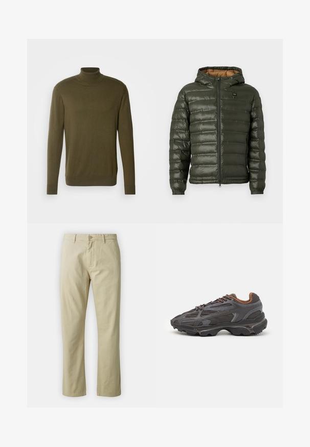 Maslinasto zelena puf jakna s kapuljačom, koja se zatvara na patentni zatvarač, s horizontalnim kviltanim dizajnom, elastičnim rukavima i bež unutrašnjim oblogom.; Mračna zelena turtleneck pulover izrađen od glatkog, laganog materijala; ima duge rukave i rebraste manžete i rub.; Bež pamučne hlače s ravnim nogavicama, prednjim zatvaranjem na dugme i petljama za remen. Glatka tekstura, bez vidljivih uzoraka ili naglaska.; Lacoste tenisice u tamno sivoj boji s mrežastim i sintetičkim materijalom, s teksturiranom potplatom i smešnim akcentima na ovratniku i brandiranju.