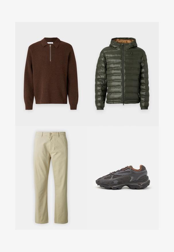 Olivgrön pufferjacka med huva, som har dragkedja fram, horisontellt quiltrad design, elastiska ärmmuddar och en beige innerskikt.; Brun ribbade tröja med smal dragkedja vid kragen. Långa ärmar och ett strukturerat stickat tyg.; Beiga bomullsbyxor med rak benform, framknäppning och bälteshällor. Slät textur, inga synliga mönster eller detaljer.; Lacoste-sneakers i mörkgrått med nät och syntetmaterial, med en strukturerad sula och bruna detaljer på kragen och varumärket.