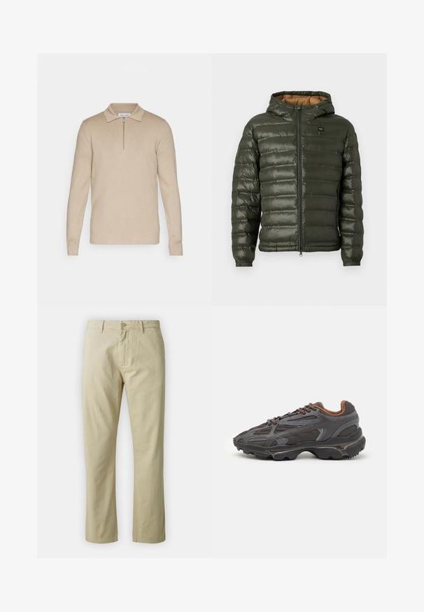 Alyvuogių spalvos pūkinė striukė su cias žieminimo kapsiu, su užtrauktuku, horizontaliais piešiniais, elastinėmis rankovėmis ir šviesiu vidiniu pamušalu.; Šviesiai rudas ilgomis rankovėmis puloveris su užtrauktuku ant apykaklės. Minkšta, tekstūruota medžiaga, sukurianti prigludusią formą. Minimalistinis dizainas be raštų ar papuošimų.; Bežiniai medvilniniai kelnės su tiesiais blauzdomis, priekyje su mygtukų uždarymu ir diržo kilpomis. Lygus paviršius, nėra matomų raštų ar akcentų.; Lacoste sportbačiai tamsiai pilki, pagaminti iš tinklinės ir sintetinių medžiagų, su tekstūruotu padu ir rudomis detalėmis ant apykaklės bei prekės ženklo.