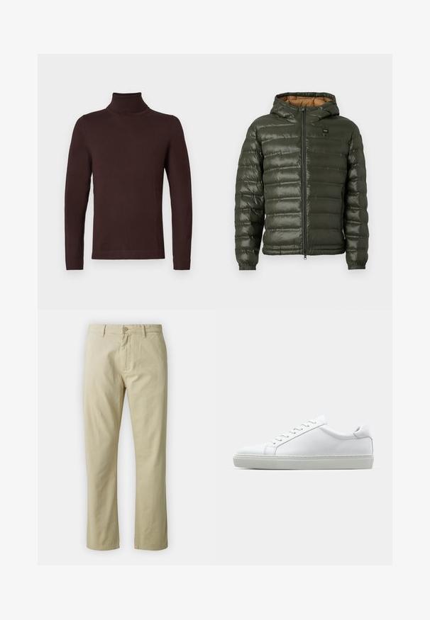 Olijfgroene pufferjack met een capuchon, voorzien van een rits aan de voorkant, horizontale quiltontwerp, elastische manchetten en een tan kleurige binnenvoering.; Donkere bruine turtleneck trui met lange mouwen en een slim fit, weergegeven op een effen witte achtergrond.; Beige katoenen broek met een recht ontwerp, knoopsluiting aan de voorkant en riemlussen. Gladde textuur, geen zichtbare patronen of accenten.; Witte sneaker met een gladlederen bovenwerk en een laag profiel. Voorzien van een ronde neus, zes vetergaatjes en een gestructureerde rubberen zool.