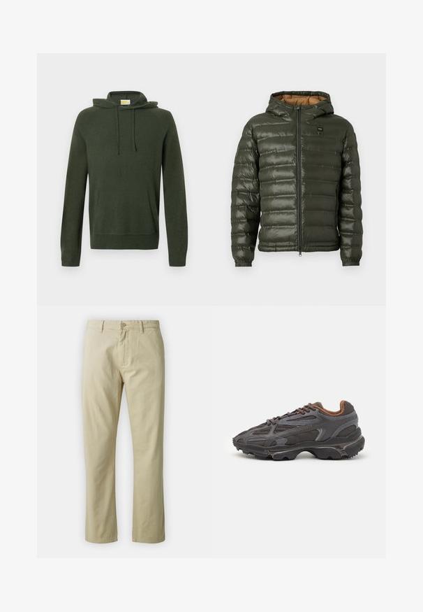 Olivově zelená péřová bunda s kapucí, s předním zipem, horizontálním prošíváním, elastickými manžetami a hnědým vnitřním podšíváním.; Olivově zelená mikina s kapucí na šňůrku, přední kapsou, žebrovanými manžetami a lemem. Vyrobena z měkkého materiálu s hladkým povrchem.; Béžové bavlněné kalhoty s rovnými nohavicemi, předním zapínáním na knoflík a poutky na opasek. Hladká textura, žádné viditelné vzory či akcenty.; Sněrovací boty Lacoste v tmavě šedé barvě s síťovinou a syntetickým materiálem, prezentující texturovanou podrážku a hnědé detaily na límci a logu.