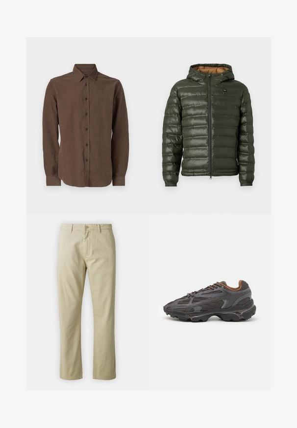 Giacca puffer verde oliva con cappuccio, dotata di zip frontale, design trapuntato orizzontale, polsini elastici e una fodera interna color beige.; Camicia a maniche lunghe marrone realizzata in un tessuto texturizzato, con colletto classico e chiusura con bottoni sulla parte anteriore.; Pantaloni in cotone beige dal design a gamba dritta, con chiusura frontale a bottone e passanti per cintura. Tessuto liscio, senza motivi o dettagli visibili.; Sneaker Lacoste grigie scure in materiale mesh e sintetico, con suola testurizzata e dettagli marroni sul colletto e sul branding.