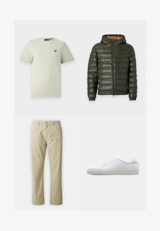 Geacă puffer verde măslinie cu glugă, cu fermoar în față, design cu cusături orizontale, manșete elastice și căptușeală interioară bej.; Tricou din bumbac de culoare verde deschis, cu mâneci scurte și guler rotund, având un mic logo brodat verde pe partea stângă a pieptului.; Pantaloni din bumbac bej cu un design drept, închidere frontală cu buton și curea. Textură netedă, fără modele sau accente vizibile.; Adidași albi cu o suprafață din piele netedă și un profil jos. Au un vârf rotunjit, șase orificii pentru șireturi și o talpă din cauciuc texturată.