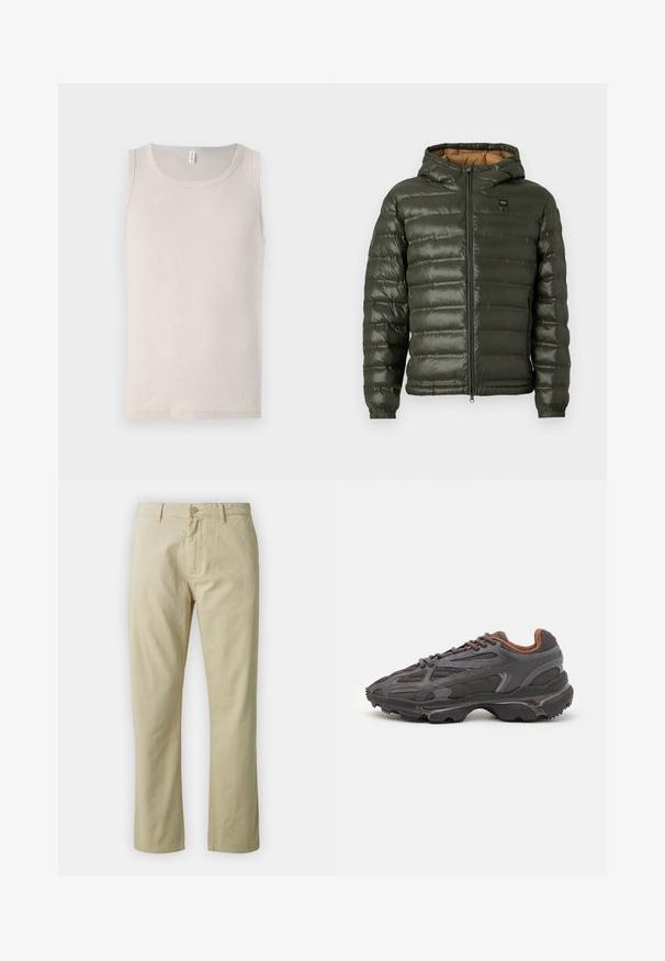 Olijfgroene pufferjack met een capuchon, voorzien van een rits aan de voorkant, horizontale quiltontwerp, elastische manchetten en een tan kleurige binnenvoering.; Lichtbeige tanktop van zacht katoen, met een ronde halslijn en zonder mouwen, met een gladde, geribbelde textuur.; Beige katoenen broek met een recht ontwerp, knoopsluiting aan de voorkant en riemlussen. Gladde textuur, geen zichtbare patronen of accenten.; Lacoste sneakers in donkergrijs van mesh en synthetisch materiaal, met een gestructureerde zool en bruine accenten op de kraag en branding.