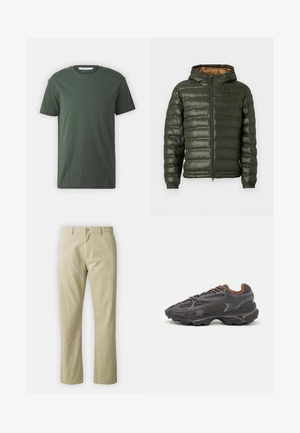 Olive green puffer jacket with a hood, featuring a zip front, horizontal quilted design, elastic cuffs, and a tan interior lining.; Dark green cotton t-shirt, short sleeves, crew neckline, relaxed fit, plain design, and smooth texture without visible patterns or accents.; Beige cotton trousers with a straight-leg design, front button closure, and belt loops. Smooth texture, no visible patterns or accents.; Lacoste sneakers in dark gray with mesh and synthetic material, featuring a textured sole and brown accents on the collar and branding.