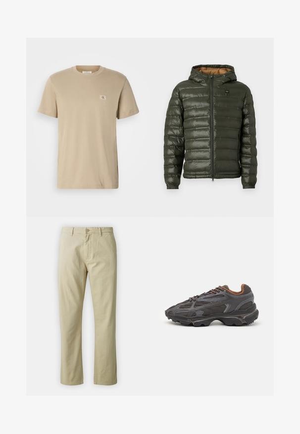 Olive green puffer jacket with a hood, featuring a zip front, horizontal quilted design, elastic cuffs, and a tan interior lining.; Beige cotton t-shirt with a crew neckline, short sleeves, and a small rectangular logo patch on the left chest. Smooth texture.; Beige cotton trousers with a straight-leg design, front button closure, and belt loops. Smooth texture, no visible patterns or accents.; Lacoste sneakers in dark gray with mesh and synthetic material, featuring a textured sole and brown accents on the collar and branding.