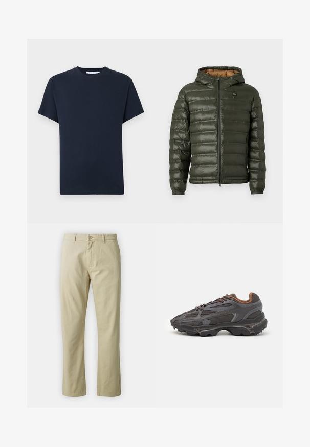 Olive rohelise tooniga pūsemantel kapuutsiga, millel on lukuga esikülg, horisontaalne õmblustehnika, elastsed mansetid ja beež siseriie.; Tumed laevad sinine lühikeste varrukatega T-särk, valmistatud puuvillast, ümmarguse kaeluse ja vabalt asetseva lõikega. Lihtne, ühtlane värv ilma mustriteta.; Beezid puuvillased püksid sirge sääre kujundusega, esitasku nuppude sulgemise ja vööde abil. Sile tekstuur, ilma nähtavate mustrite või aktsentideta.; Tumed hallid Lacoste tossud, mis on valmistatud võrkkangast ja sünteetilisest materjalist, omavad tekstureeritud talla ning pruune aktsente kaeluse ja brändingu juures.