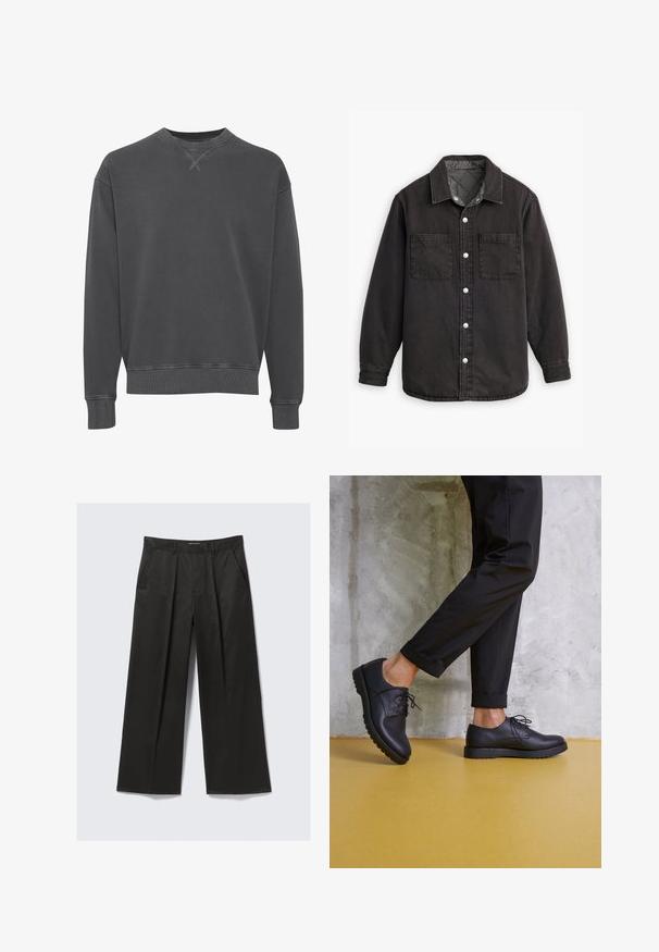 Černá denimová košile s kostkovanou podšívkou, dvěma náprsními kapsami a stříbrnými knoflíky. Má klasický límec a dlouhé rukávy.; Tmavě šedá mikina s kulatým výstřihem vyrobená z bavlněné směsi, s žebrovanými manžetami a spodním lemem, s texturovaným povrchem a jemnými švy.; Černé kalhoty s širokými nohavicemi a hladkým povrchem, které mají dvě přední kapsy a mírně zvýšený pas.; Černé kožené šněrovací boty s kulatou špičkou, texturovaným povrchem a silnou gumovou podrážkou. Nosené s ohrnutými černými kalhotami na pozadí z betonu.