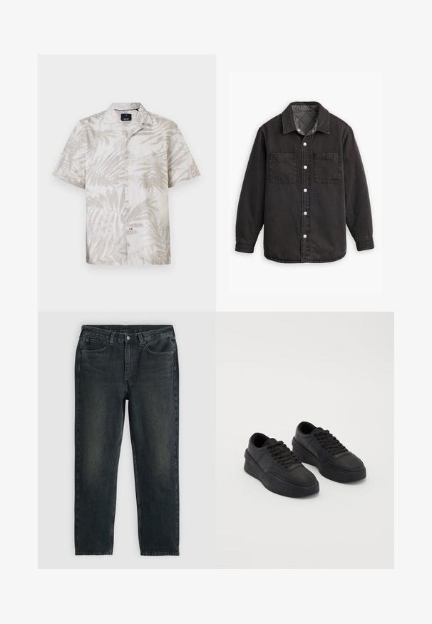 Schwarzes Jeanshemd mit kariertem Innenfutter, zwei Brusttaschen und silbernen Knopfverschlüssen. Besitzt einen klassischen Kragen und lange Ärmel.; Kurzärmliges Hemd mit Palmenmuster in hellem beigen Leinen, mit Karreekragen und Knopfleiste. Dezentem Blattdesign über den Stoff verteilt.; Dunkelblaue Jeans aus Denim mit geradem Bein, fünf Taschen, Reißverschluss und kontrastierenden Nähten. Dezente Ausbleichungen im Stoff.; Schwarze Sneakers aus glattem Leder mit einer gepolsterten Sohle. Merkmale sind flache Schnürsenkel, Perforationen an der Zehenpartie und eine schlanke Silhouette.