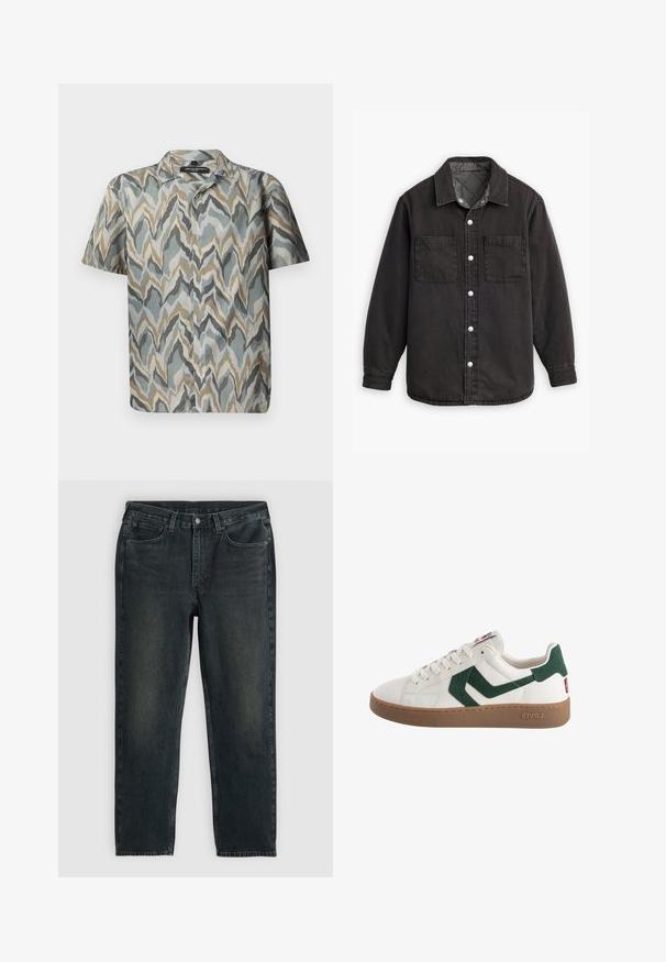 Camicia di jeans nera con fodera interna a quadri, due tasche sul petto e chiusure con bottoni argentati. Presenta un colletto classico e maniche lunghe.; Maglietta a maniche corte con un motivo a onde in tonalità di teal, grigio, beige e oro. Realizzata in un tessuto leggero con chiusura a bottoni.; Jeans in denim blu scuro con taglio dritto, dotati di cinque tasche, chiusura con zip e cuciture a contrasto. Leggera scoloritura sul tessuto.; Sneaker bianca in pelle con accenti in suede verde, dotata di suola in gomma, punta arrotondata e branding prominente sul tallone e sulla linguetta.