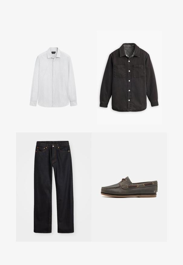 Zwarte denim shirt met een geblokte binnenvoering, twee borstzakken en zilveren knoopsluitingen. Beschikt over een klassieke kraag en lange mouwen.; Witte lange mouwen heren dress shirt met dunne verticale grijze strepen, knoopsluiting aan de voorkant en een gespreide kraag.; Heren straight-leg zwarte denim jeans met vijf zakken en oranje stiksels, knoop- en ritssluiting op de voorkant van de tailleband.; Donkerbruin leren bootschoen met een low profile, voorzien van messing oogjes en contrasterende stiksels, platte rubberen zool en een textuurfinish.