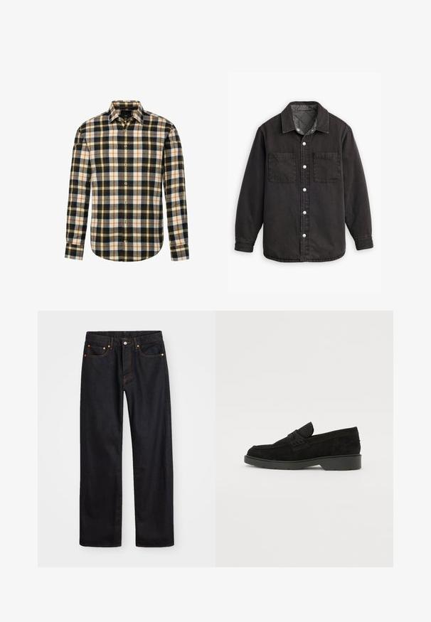 Zwarte denim shirt met een geblokte binnenvoering, twee borstzakken en zilveren knoopsluitingen. Beschikt over een klassieke kraag en lange mouwen.; Langarm overhemd met een meerkleurig ruitpatroon in zwart, wit, oranje en grijs, met een klassieke kraag en een afgeronde zoom.; Heren straight-leg zwarte denim jeans met vijf zakken en oranje stiksels, knoop- en ritssluiting op de voorkant van de tailleband.; Zwarte suède instappers met een lage hak, voorzien van een eenvoudige band over de bovenkant en een gestructureerd detail langs de zijkanten.
