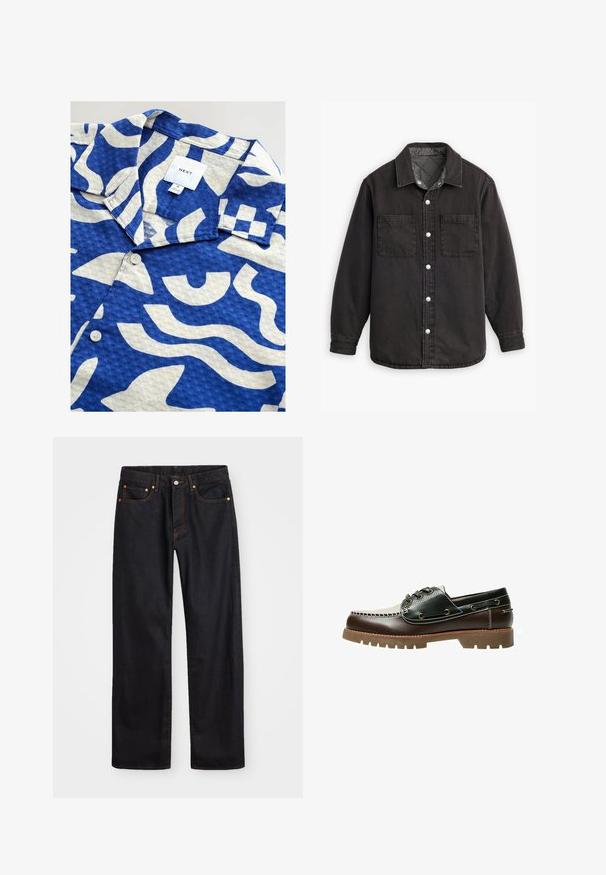 Zwarte denim shirt met een geblokte binnenvoering, twee borstzakken en zilveren knoopsluitingen. Beschikt over een klassieke kraag en lange mouwen.; Korte mouwen overhemd in geweven stof met een blauw-wit abstract patroon, standaardkraag en een enkele knop aan de voorkant.; Heren straight-leg zwarte denim jeans met vijf zakken en oranje stiksels, knoop- en ritssluiting op de voorkant van de tailleband.; Bruine en zwarte leren boot schoen met veters, contrasterende stiksels en een gestructureerde rubberen zool. Voorzien van metalen ogen en een afgeronde neus.