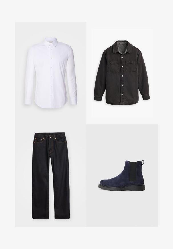Camisa de denim negra con un forro interior a cuadros, dos bolsillos en el pecho y cierres de botones plateados. Presenta un cuello clásico y manga larga.; Camisa blanca de manga larga con botones, fabricada en tejido suave, que presenta un color clásico, botones frontales y un sutil logo en el pecho.; Jeans de mezclilla negros de pierna recta para hombre, con cinco bolsillos y costuras en color naranja, cierre de botón y cremallera en la parte delantera de la cintura.; Botín Chelsea de ante azul marino con paneles laterales elásticos y tira para facilitar el calzado. Suela de goma negra con un acabado texturizado para un mejor agarre y durabilidad.