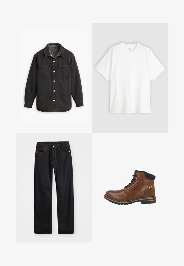 Zwarte denim shirt met een geblokte binnenvoering, twee borstzakken en zilveren knoopsluitingen. Beschikt over een klassieke kraag en lange mouwen.; Witte pique t-shirt met korte mouwen van katoen en een ronde hals. Heeft een subtiele reliëf logo-detail aan de voorkant en een rood label aan de zoom.; Heren straight-leg zwarte denim jeans met vijf zakken en oranje stiksels, knoop- en ritssluiting op de voorkant van de tailleband.; Bruin leren enkelboot met een suède accent, textiele kraag, veters en een rubberen zool met een loopvlakpatroon voor grip.