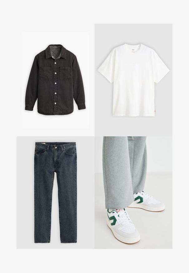 Black denim shirt with a checkered inner lining, two chest pockets, and silver button closures. Features a classic collar and long sleeves.; White short-sleeve t-shirt made of cotton with a crew neck. Features subtle embossed logo detail on the front and a red label at the hem.; Dark blue denim jeans with a straight leg design, five pockets, and a button-fly closure. The fabric shows a subtle fade and texture.; White and green sneakers with smooth leather and suede materials, featuring a prominent green logo accent and white laces. Gray trousers partially visible.