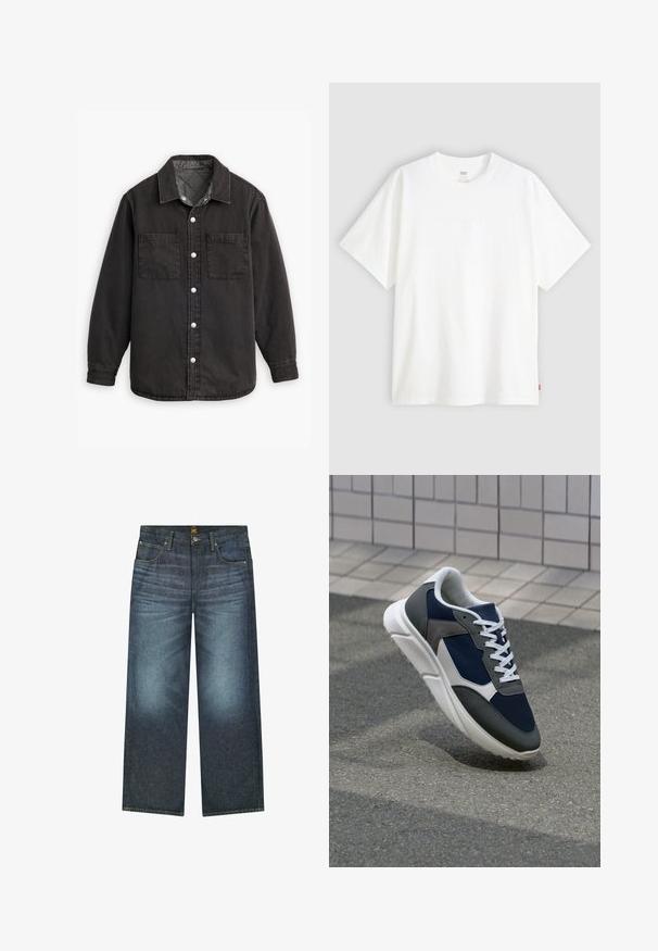 Črna denimska srajca s karirasto notranjo podlogo, dvema žepoma na prsih in srebrnimi gumbi. Ima klasičen ovratnik in dolge rokave.; Bela kratka majica s kratkimi rokavi iz bombaža s krožnim izrezom. Ima diskretno embosirano logotipno podrobnost spredaj in rdečo etiketo na robu.; Temno modri široki jeans iz denima, ki vsebujejo pet žepov, kontrastno šivanje in gumbasto zapiranje na pasu.; Superge z zgornjim delom iz mrežaste tkanine v mornarsko modri barvi, sivi usnjeni poudarki, belo gumijasto podplato in ravnimi belimi vezalkami, zasnovane za udobje in zračnost.