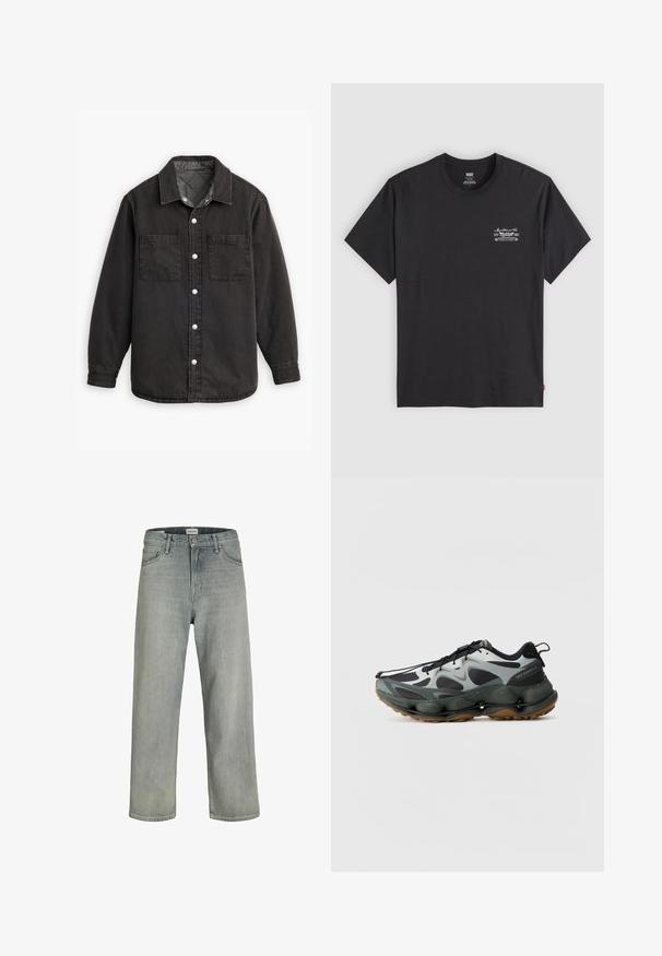 Camicia di jeans nera con fodera interna a quadri, due tasche sul petto e chiusure con bottoni argentati. Presenta un colletto classico e maniche lunghe.; T-shirt nera in cotone con maniche corte e colletto rotondo. Presenta una piccola stampa grafica bianca sul lato sinistro del petto. Texture liscia.; Jeans grigi chiaro, con vestibilità comoda, realizzati in denim. Presentano un classico design a cinque tasche, passanti per cintura e una silhouette a gamba dritta.; Scarpe da ginnastica nere e grigie con tomaia in rete, suola scolpita e suola in gomma. Presentano un sistema di allacciatura sicuro e un tassello sul tallone.