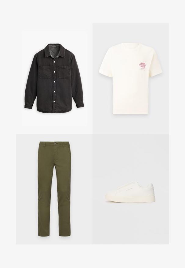 Černá denimová košile s kostkovanou podšívkou, dvěma náprsními kapsami a stříbrnými knoflíky. Má klasický límec a dlouhé rukávy.; Bílý krátký rukávový tričko s červeným textem "Studio Originals Edition" na levé hrudi, vystavené na neutrálním šedém pozadí.; Olivově zelené bavlněné chinos kalhoty se střihovou konstrukcí rovného nohavice, s předním zapínáním na knoflík, bočními kapsami a čistými lemy.; Bílé slip-on tenisky s texturovaným povrchem, silnou podešví a minimalistickým designem. Na boku je umístěno logo značky.