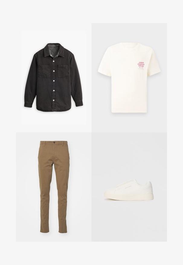 Cămașă din denim negru cu căptușeală interioară în carouri, două buzunare pe piept și închidere cu butoane argintii. Prezintă un guler clasic și mâneci lungi.; Tricou alb cu mânecă scurtă, având text roșu "Studio Originals Edition" pe partea stângă a pieptului, expus pe un fundal gri neutru.; DOCKERS SMART SUPREME FLEX SKINNY - Pantaloni chino - cub; Tenisi albi slip-on cu o suprafață texturată, talpă groasă și un design minimalist. Prezintă logo-ul brandului pe lateral.
