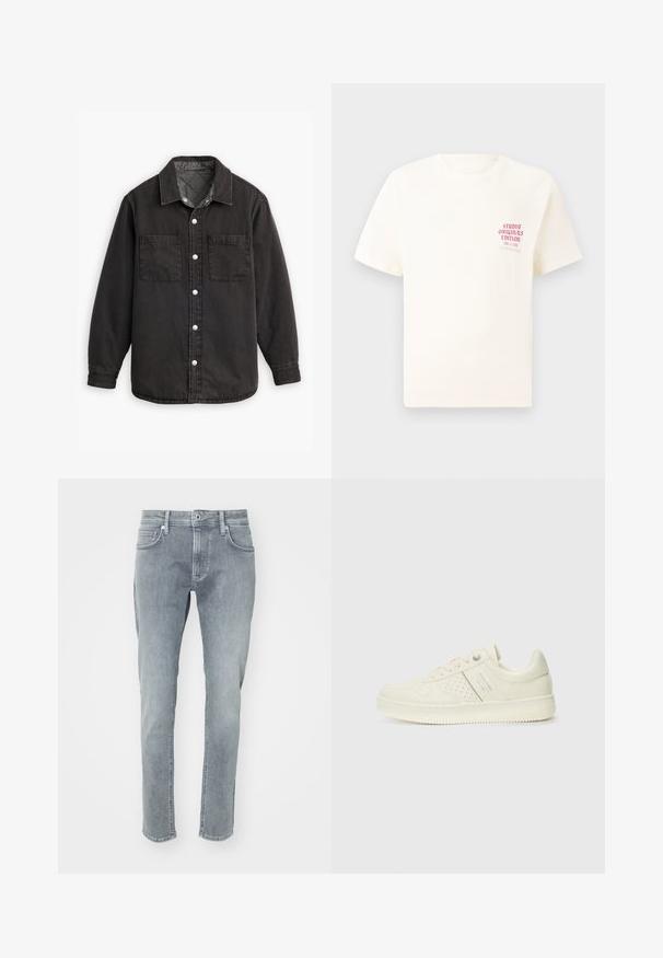 Camisa de denim negra con un forro interior a cuadros, dos bolsillos en el pecho y cierres de botones plateados. Presenta un cuello clásico y manga larga.; Camiseta blanca de manga corta con el texto rojo "Edición de Studio Originals" en el lado izquierdo del pecho, exhibida sobre un fondo gris neutro.; Jeans de denim gris claro con un diseño de pierna recta, que cuentan con una cremallera, cinco bolsillos y un sutil desgastado en la parte frontal.; Zapatilla color crema con detalles perforados, cordones y logotipo en el lateral, exhibida sobre un fondo blanco liso.