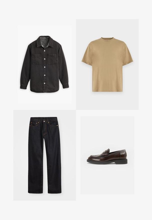 Czarna koszula dżinsowa z karo wzorzystą podszewką, dwoma kieszeniami na piersi i srebrnymi zapięciami na guziki. Posiada klasyczny kołnierz i długie rękawy.; Khaki koszula T-shirt z krótkim rękawem, wykonana z miękkiego materiału, z okrągłym dekoltem i luźnym fasonem. Brak widocznych wzorów lub grafik.; Męskie jeansy w prostym kroju, czarne, z pięcioma kieszeniami oraz pomarańczowymi strefami, z zapięciem na guzik i zamek z przodu w pasie.; Vagabond ALEX brązowy