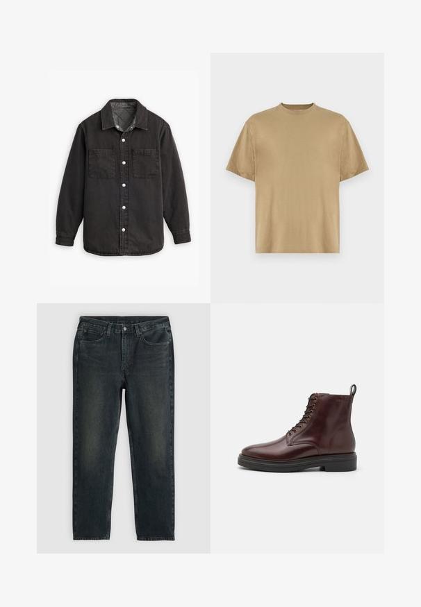 Schwarzes Jeanshemd mit kariertem Innenfutter, zwei Brusttaschen und silbernen Knopfverschlüssen. Besitzt einen klassischen Kragen und lange Ärmel.; Khakifarbenes T-Shirt mit kurzen Ärmeln aus weichem Stoff, mit einem Rundhalsausschnitt und einer lockeren Passform. Keine Muster oder Grafiken sichtbar.; Dunkelblaue Jeans aus Denim mit geradem Bein, fünf Taschen, Reißverschluss und kontrastierenden Nähten. Dezente Ausbleichungen im Stoff.; Braune Leder-Stiefeletten mit runder Spitze, sieben Ösen-Schnürung vorne und einer schwarzen Gummisohle. Mit einer Zuglasche an der Ferse.