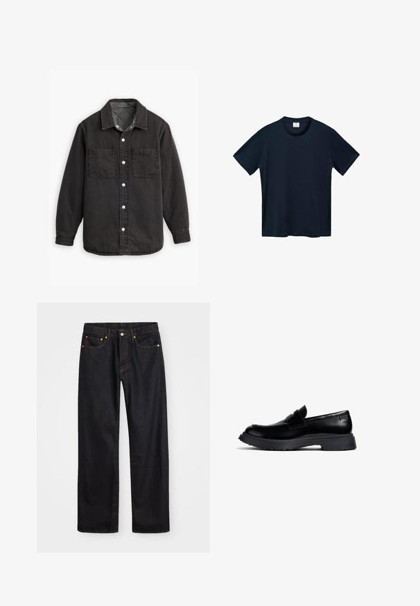 Črna denimska srajca s karirasto notranjo podlogo, dvema žepoma na prsih in srebrnimi gumbi. Ima klasičen ovratnik in dolge rokave.; Temno modra majica s kratkimi rokavi, izdelana iz mehkega bombaža, s krožnim izrezom in čistim, ravnim robom brez vidnih vzorcev.; Moške črne kavbojke ravnega kroja z petimi žepi in oranžnim šivanjem, z gumbom in zadrgo na sprednjem pasu.; Črne usnjene penny loafer čevlje s debelim gumijastim podplatom in znamkovnim podrobnostmi na peti, prikazani v profilu na belem ozadju.